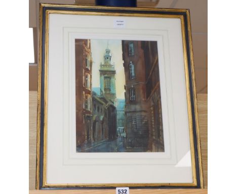 Alexander Cresswell (1957-), watercolour, St Michael Paternoster from Cloak Lane, 1993, signed, 37 x 27cm