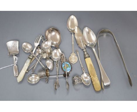 Mixed silver and white metal flatware including a George III silver caddy spoon, Birmingham, 1814, 19th century butter knife,