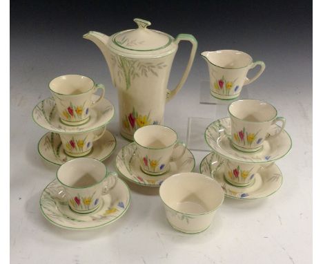 A Crown Devon Fieldings coffee service for six, comprising coffee pot and cover, six coffee cups, milk jug and sucrier, each 