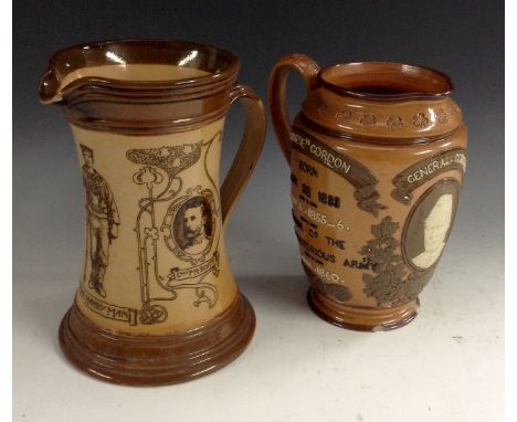 A Doulton Lambeth waisted cylindrical salt glazed stoneware jug, The Handy Man, transfer printed in sepia tones on a buff gro