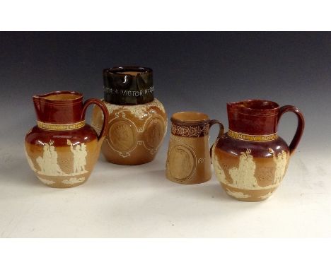 A Doulton Lambeth salt glazed stoneware ovoid jug, to commemorate the reign of Queen Victoria, applied with a pair of oval po