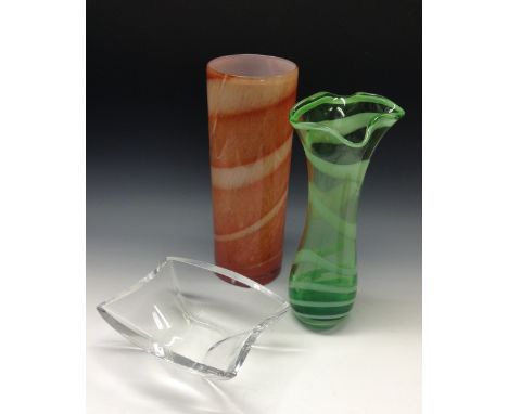 Studio Glass - A Kosa Boda Mine pattern cylinder vase, signed Kosta Boda, numbered 7070631, 34.5cm high;  an Orrefors Martti 