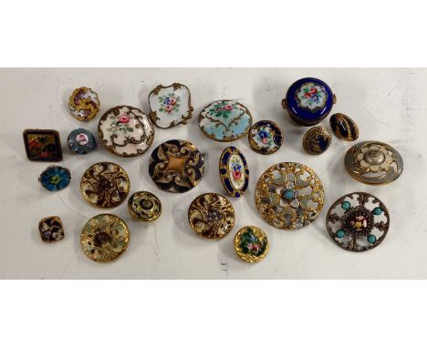 A D. Cutler's Patent gentleman's stud, painted with floral sprays on a cobalt blue ground;  a R & G Paris enamel button;  an 
