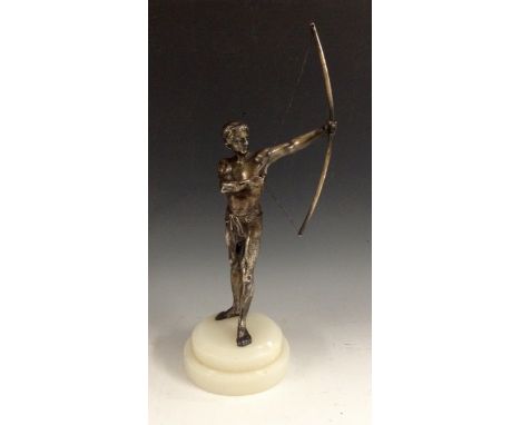 Continental School (20th century), an Art Deco silvered bronze, of a scantily clad archer, stepped circular onyx base, 30cm h