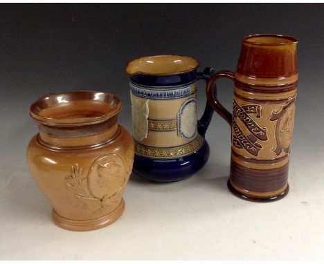 A late Victorian Doulton Lambeth salt glazed stoneware cylindrical jug, Worlds Columbian Exposition 1893, sprigged with an Am