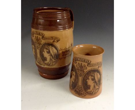 A Doulton Lambeth salt glazed stoneware ovoid jug, transfer printed in brown on a buff ground, in commemoration of Queen Vict