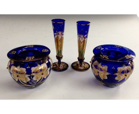 A pair of Bohemian Bristol Blue tapering bud vases, decorated with enamel irises in tones of pink and cream, picked out in gi
