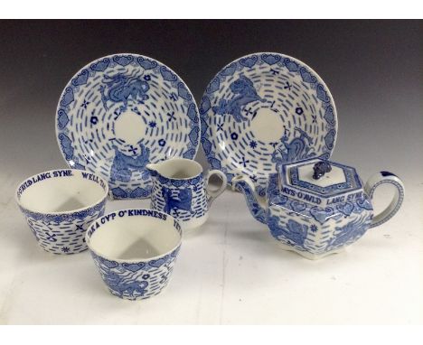 An interesting late 19th century Copeland Spode Robert Burns pattern teapot, milk and sugar, transfer printed in blue and whi