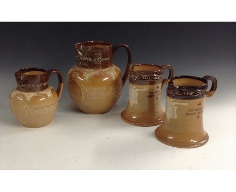 An interesting near pair of Doulton Lambeth salt glazed stoneware spreading cylindrical jugs, designed by W D Caroe, Queen Vi