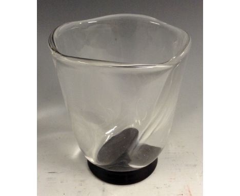 A diminutive Orrefors glass vase, designed by Simon Gate, pulled clear glass sides, circular black foot, signed OF SU66 to ba