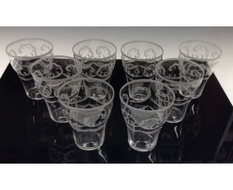 A set of eight Art Deco Orrefors glass tumblers, engraved with stylised clouds, in the manner of Edvard Hald, all marked for 