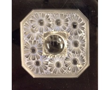 A Lalique Paquerettes canted square glass pendant, moulded and washed in blue with flowerheads, marked R Lalique France to ve