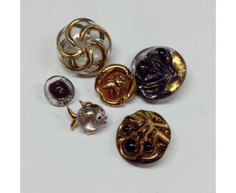 Buttons - a Bimini glass button, gilded and cased, marked for Bimini, 3.5cm diam;  another, smaller, impressed with a bee mot
