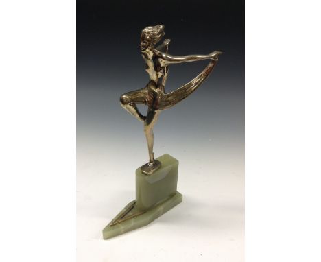 Josef Lorenzl (1892 - 1950), a silvered bronze, of an Art Deco Dancer, signed, angular streamlined green onyx plinth, 29cm hi