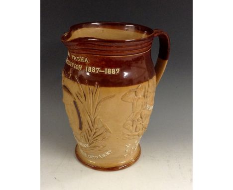 A Doulton Lambeth salt glazed stoneware ovoid jug, in brown and buff, to commemorate the Emin Pasha Relief Expedition, 1887 -