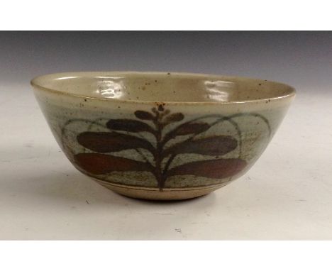 David Leach (1911-2005) - a  Lowerdown Pottery bowl, decorated with a temoke weeping leaves, on a speckled ground, 14cm diam,