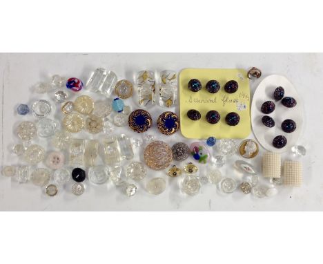 Buttons - a set of six carnival glass circular buttons, florally embossed edges with central setting of carnival glass, 1.3cm