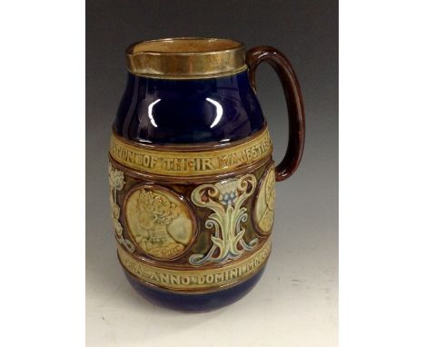 A Doulton Lambeth ovoid stoneware jug, to commemorate the Coronation of Edward VII and Queen Alexandra 1911, tube lined and i