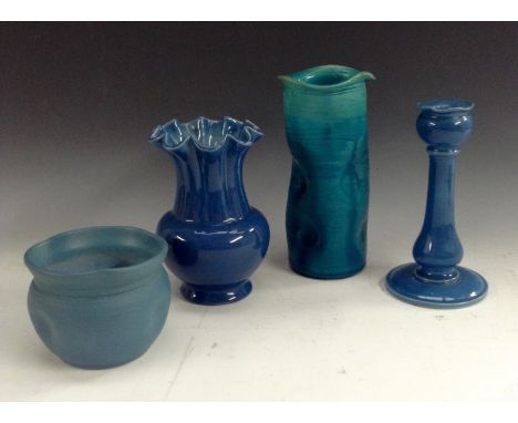 A Bretby dimple pinched cylindrical vase, turquoise glaze, 19.5cm high, impressed marks, c. 1894; a Bretby powder blue balust