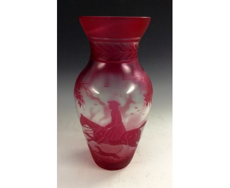 A Bohemian pink glass baluster vase, pink and clear flash cameo cut to depict a hunting scene, 26cm high