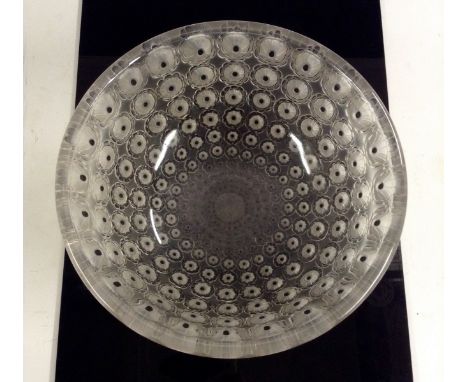 A Lalique Nemours circular glass bowl, frosted clear glass moulded in relief with concentric flowerheads, marked R Lalique Fr