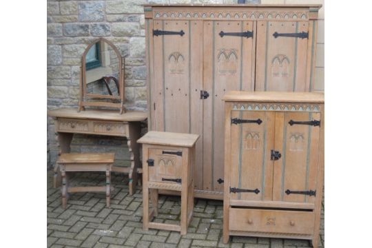 A Waring And Gillows Limed Oak Bedroom Suite Comprising Triple