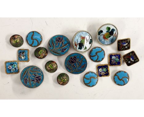 Buttons - a set of four enamel blue and metal buttons, c.1910;  a set of four cloisonne enamel buttons, marked China, with st