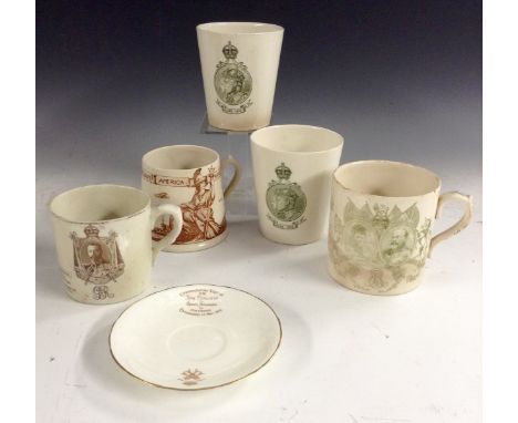 A Royal Doulton tapering cylindrical beaker, transfer printed in green with an oval portrait in profile of Edward VII and Que