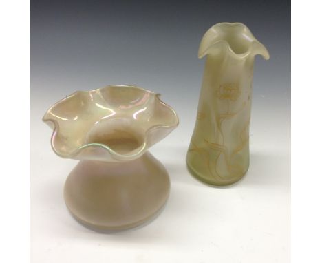 A Loetz Arcadia iridescent dimpled vase, crimpled rim, decorated with trailing yellow enamel as flowering foliage, 19cm high;
