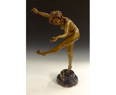 Claire Janne Roberte Colinet (1890-1940), a gilt patinated Art Deco bronze, The Juggler, the nude maiden holding juggling bal