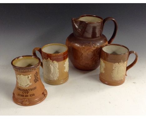 An early 20th century Royal Doulton salt glazed stoneware jug, in brown and tan, to commemorate The Coronation of King George