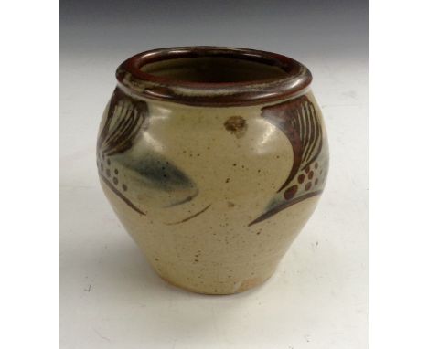 A Janet Leach (British, b.1918) ovoid pottery vase, painted with striking art designs, 12cm high, c.1960s