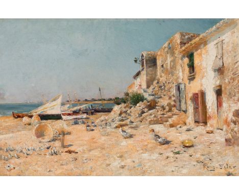 JOAN ROIG SOLER (Barcelona, 1852-1909)."Fishermen's House on the Catalan Coast".Oil on canvas.Signed in the lower right corne