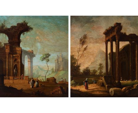 Spanish school of the mid-20th century, following Italian models of the 18th century."Architectural Caprices".Pair of oils on