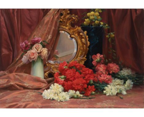 AURELI TOLOSA Y ALSINA (Barcelona, 1861 - 1938)."Composition with Flowers and Mirror".Oil on canvas.Signed in the lower right