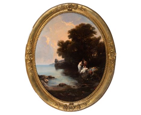 French school of the first half of the 19th century."Lake landscape with figures".Oil on canvas.Signed "A. Garneray" in the l