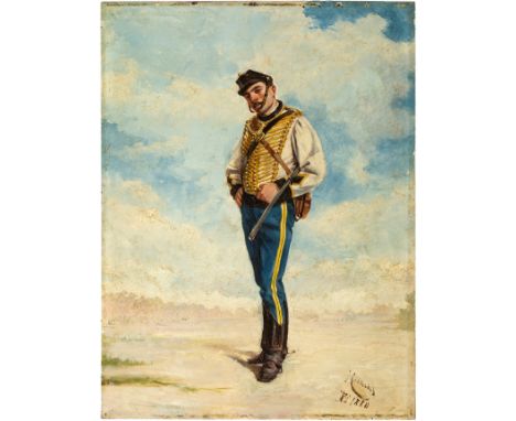 JOSÉ CUSACHS Y CUSACHS (Montpellier, France, 1851 - Barcelona, 1908)."Soldier", 1880.Oil on panel.Signed and dated in the low