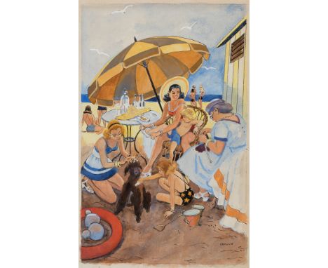 RICARDO OPISSO I SALA (Tarragona, 1880 - Barcelona, 1966)."Day at the beach, Barcelona".Ink, watercolour and gouache on paper