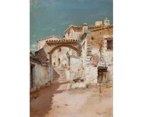 JOAN ROIG SOLER (Barcelona, 1852-1909).Vista de pueblo" ("Village View").Oil on canvas.Signed in the lower right corner.Size: