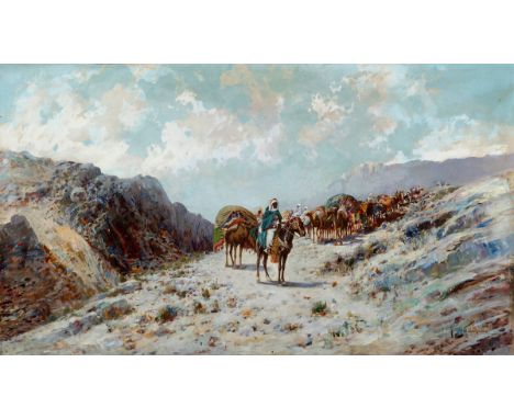 JOSÉ NAVARRO LLORENS (Valencia, 1867 - 1923)."Arab caravan".Oil on canvas.Signed in the lower right corner.Measurements: 80 x