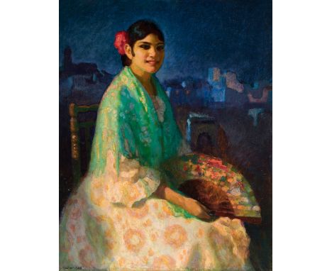 GUSTAVO BACARISAS (Gibraltar, 1873 - Seville, 1971)."Lady with a Fan in the Albaicín", 1922.Oil on canvas.  Relined.Attached 