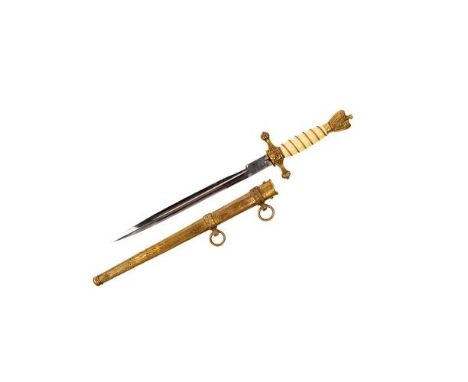 A Third Reich Naval officer's dagger, with plain unmarked blade, brass mounted hilt with wire bound grip, in its brass scabba
