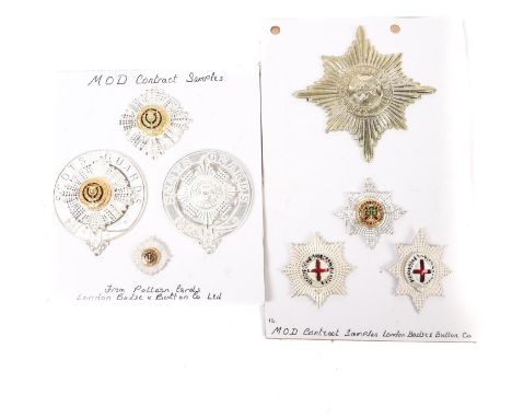 Three modern (pre 2000?) Guards officer's silver and enamel cap badges; Coldstream Gds officer's Field Cap and WO's and Staff