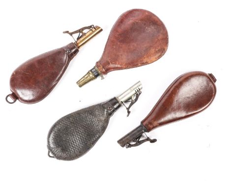 Three bag shaped leather shot flasks, with chargers of brass, steel and German silver, and last by Dixon, Sheffield; and anot