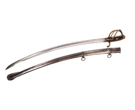 A replica of a French light cavalry sword, brass hilt in its steel scabbard. GC £50-60
