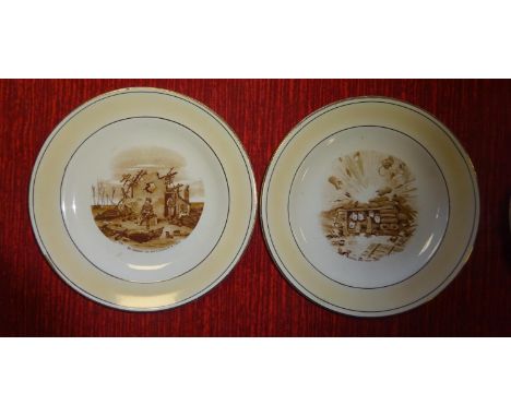 5 WWI china dishes with Bairnsfather type subjects: 2 Grimwades sideplates, a Grimwades saucer and a Grimwades dessert bowl; 