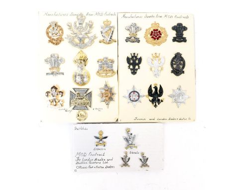 Nineteen post 1970 and post 1990's Infantry and Cavalry cap badges, on two cards marked in ink "Manufacturers Samples from MO
