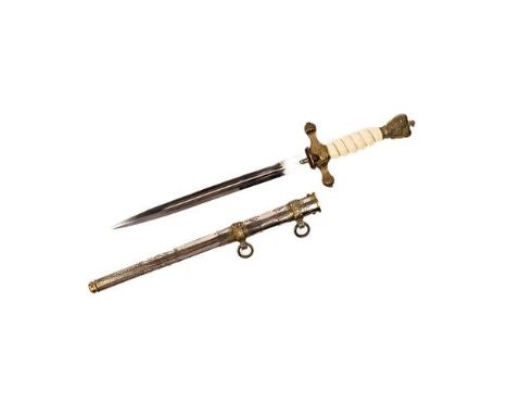 A Third Reich Naval officer's dagger, gilt washed alloy mounts, white ivorine grip, in its steel scabbard, GC (hilt mounts cr