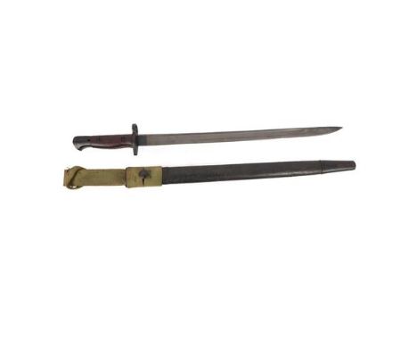 A good 1907 pattern bayonet, with issue stamp for January 1915, VGC, in its scabbard with webbing frog. GC £60-80