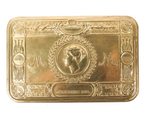 A Princess Mary's Christmas 1914 gift tin, containing part used packet of cigarettes, empty tobacco packet, bullet pencil, Ch